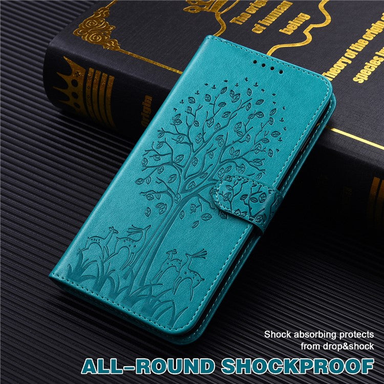 For Google Pixel 7 Anti-scratch Phone Case Imprinted Deer Tree Pattern Wallet PU Leather Magnetic Closure Stand Protective Cover - Blue