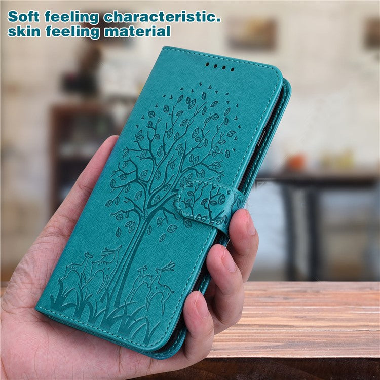 For Google Pixel 7 Anti-scratch Phone Case Imprinted Deer Tree Pattern Wallet PU Leather Magnetic Closure Stand Protective Cover - Blue