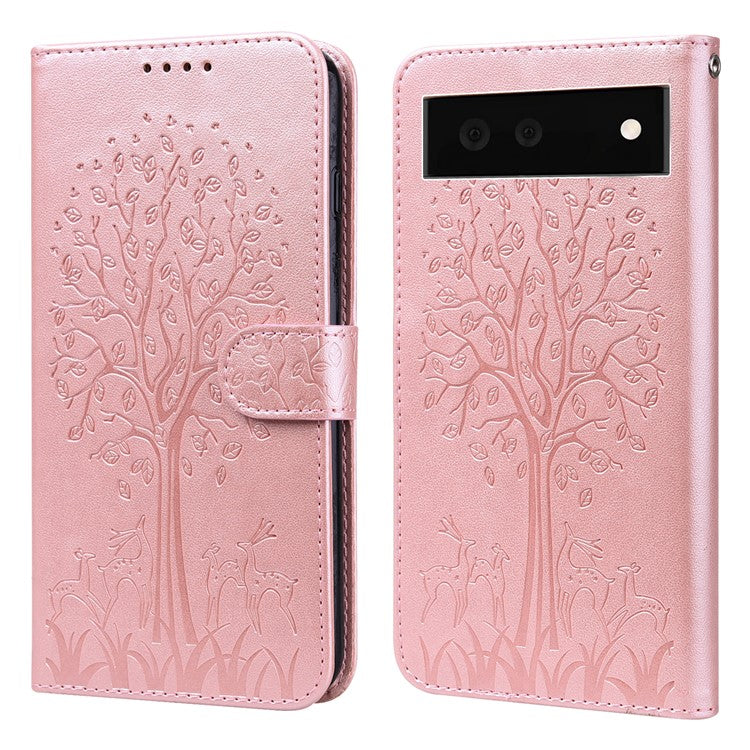 For Google Pixel 7 Anti-scratch Phone Case Imprinted Deer Tree Pattern Wallet PU Leather Magnetic Closure Stand Protective Cover - Pink