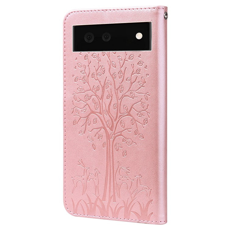 For Google Pixel 7 Anti-scratch Phone Case Imprinted Deer Tree Pattern Wallet PU Leather Magnetic Closure Stand Protective Cover - Pink