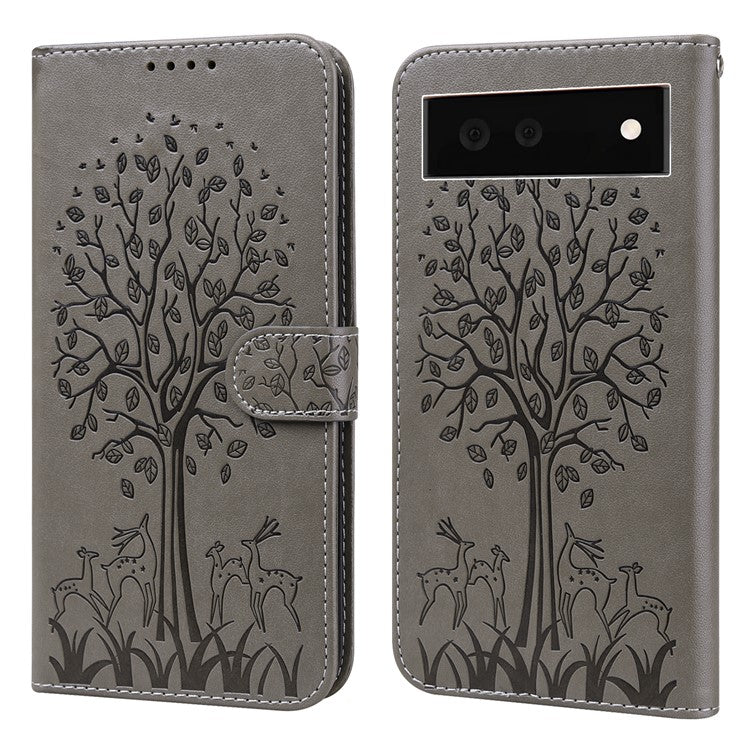 For Google Pixel 7 Anti-scratch Phone Case Imprinted Deer Tree Pattern Wallet PU Leather Magnetic Closure Stand Protective Cover - Grey