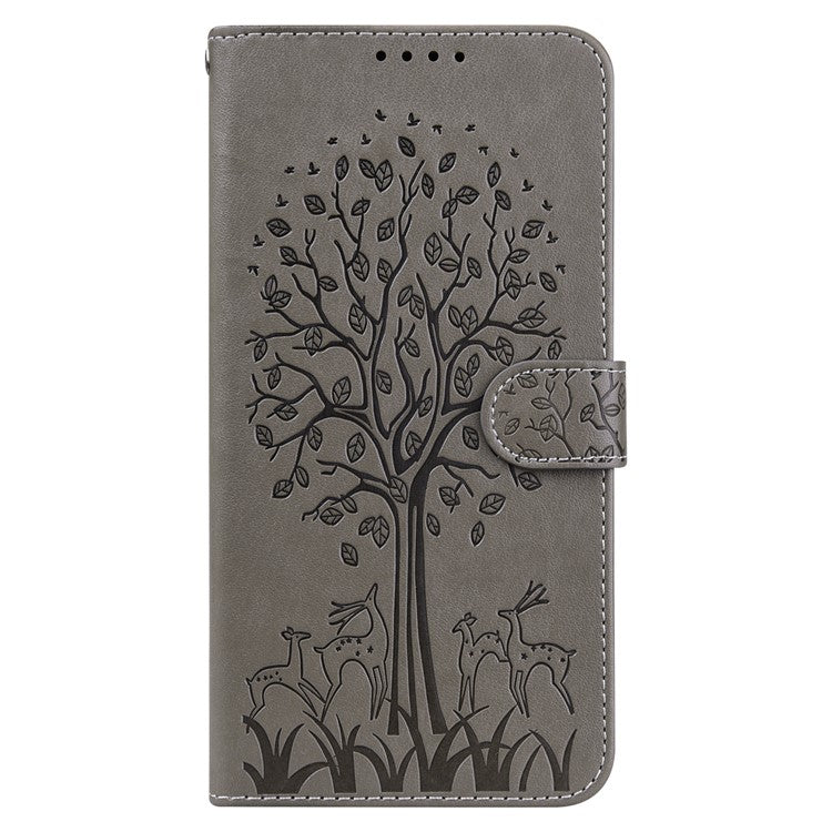 For Google Pixel 7 Anti-scratch Phone Case Imprinted Deer Tree Pattern Wallet PU Leather Magnetic Closure Stand Protective Cover - Grey