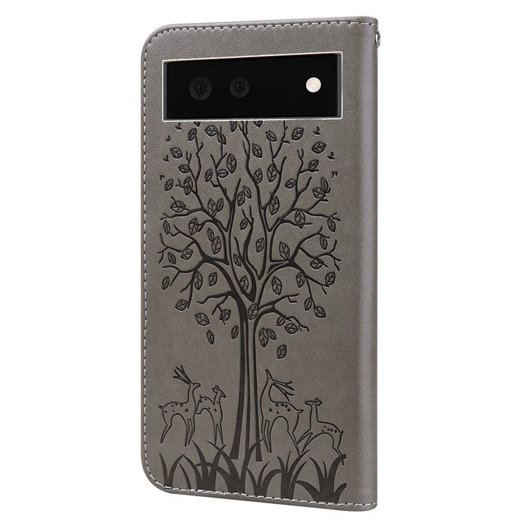 For Google Pixel 7 Anti-scratch Phone Case Imprinted Deer Tree Pattern Wallet PU Leather Magnetic Closure Stand Protective Cover - Grey