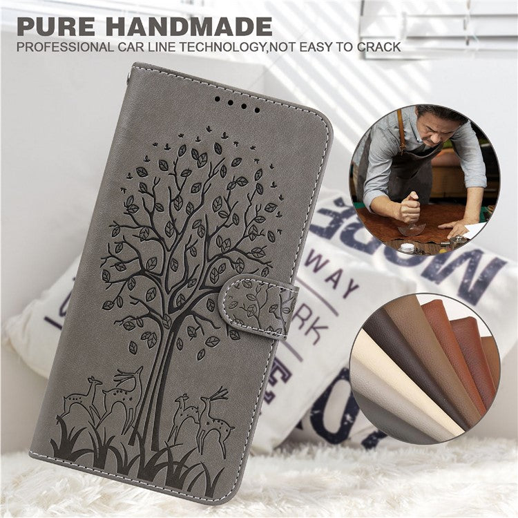 For Google Pixel 7 Anti-scratch Phone Case Imprinted Deer Tree Pattern Wallet PU Leather Magnetic Closure Stand Protective Cover - Grey