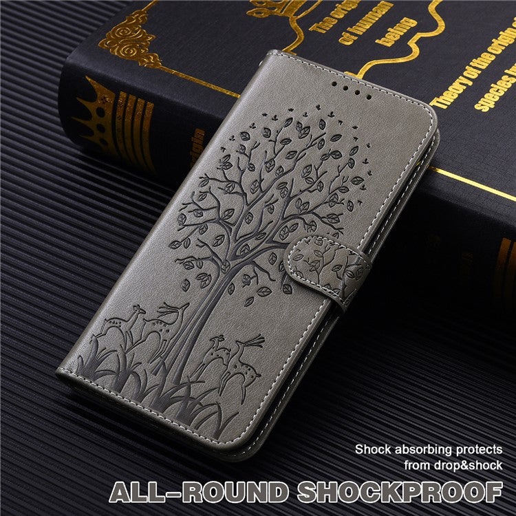 For Google Pixel 7 Anti-scratch Phone Case Imprinted Deer Tree Pattern Wallet PU Leather Magnetic Closure Stand Protective Cover - Grey