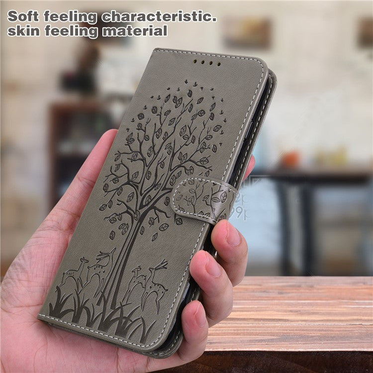 For Google Pixel 7 Anti-scratch Phone Case Imprinted Deer Tree Pattern Wallet PU Leather Magnetic Closure Stand Protective Cover - Grey