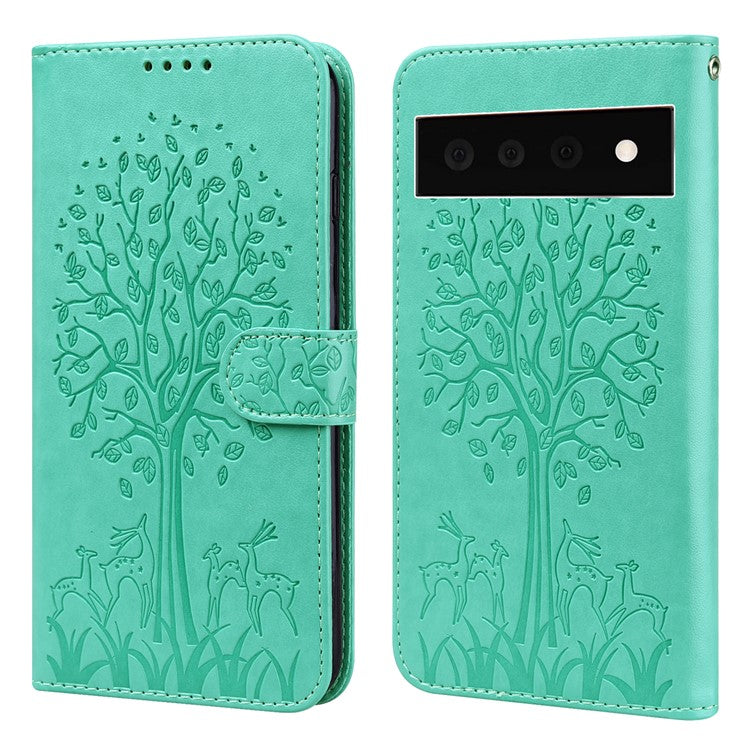 For Google Pixel 7 Pro 5G Well-protected Phone Case Imprinted Deer Tree Pattern Wallet PU Leather Magnetic Closure Anti-fall Stand Cover - Green