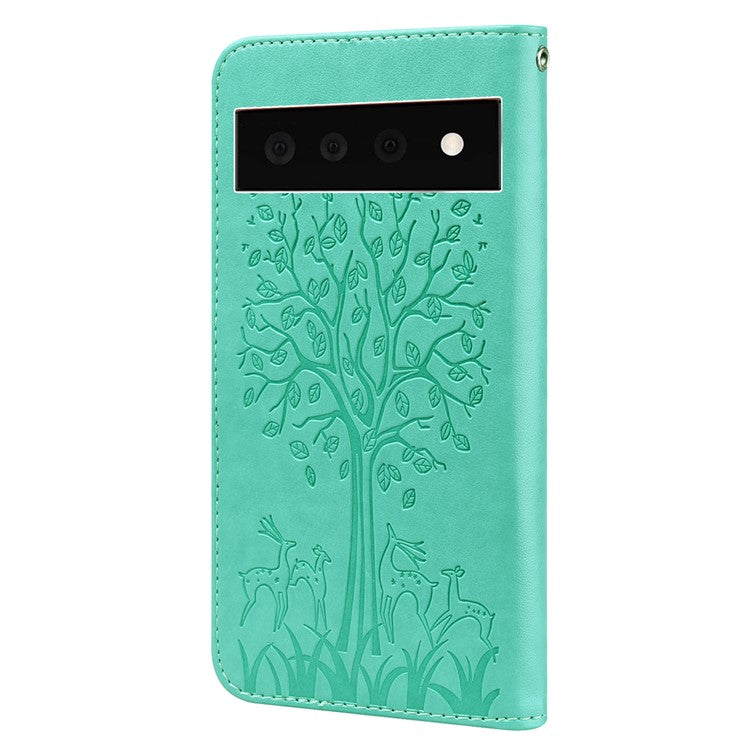 For Google Pixel 7 Pro 5G Well-protected Phone Case Imprinted Deer Tree Pattern Wallet PU Leather Magnetic Closure Anti-fall Stand Cover - Green