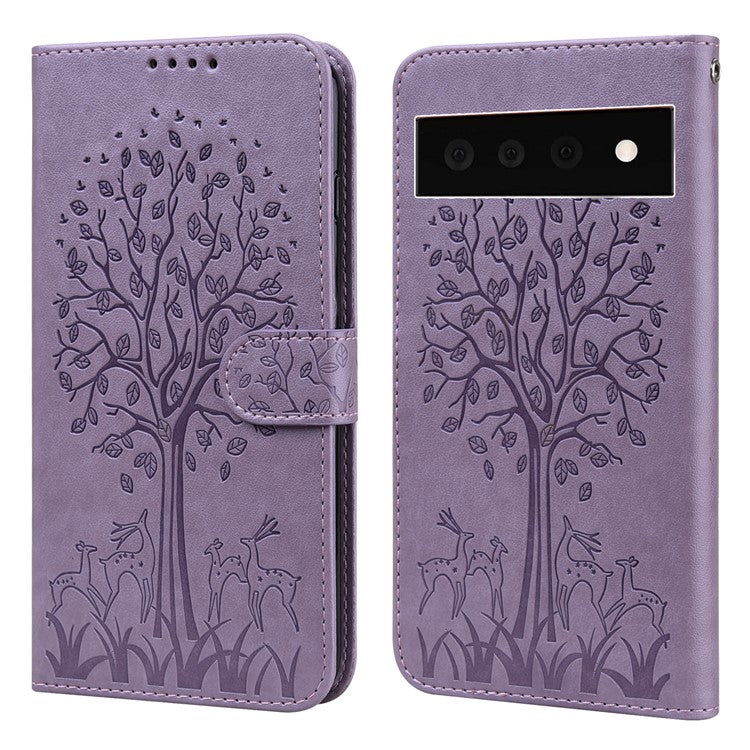 For Google Pixel 7 Pro 5G Well-protected Phone Case Imprinted Deer Tree Pattern Wallet PU Leather Magnetic Closure Anti-fall Stand Cover - Purple