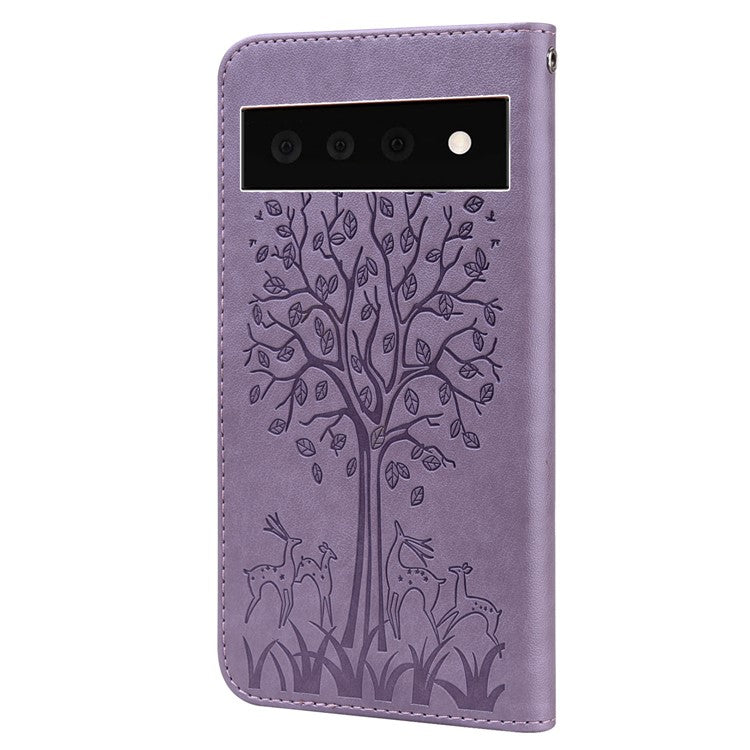 For Google Pixel 7 Pro 5G Well-protected Phone Case Imprinted Deer Tree Pattern Wallet PU Leather Magnetic Closure Anti-fall Stand Cover - Purple