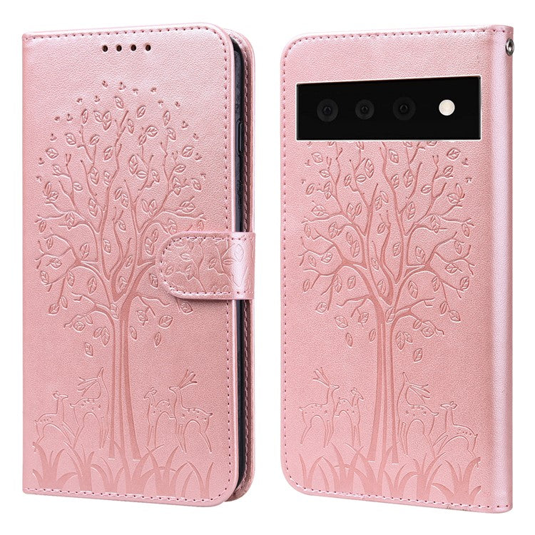 For Google Pixel 7 Pro 5G Well-protected Phone Case Imprinted Deer Tree Pattern Wallet PU Leather Magnetic Closure Anti-fall Stand Cover - Pink