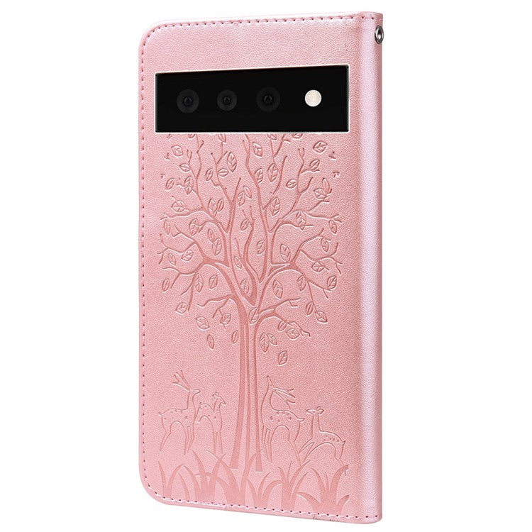 For Google Pixel 7 Pro 5G Well-protected Phone Case Imprinted Deer Tree Pattern Wallet PU Leather Magnetic Closure Anti-fall Stand Cover - Pink