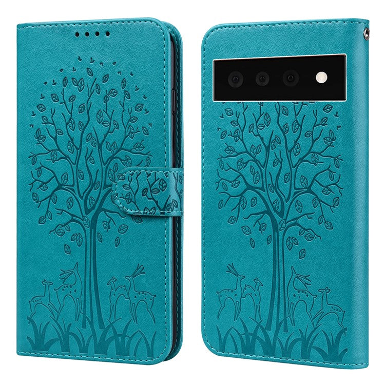 For Google Pixel 7 Pro 5G Well-protected Phone Case Imprinted Deer Tree Pattern Wallet PU Leather Magnetic Closure Anti-fall Stand Cover - Blue