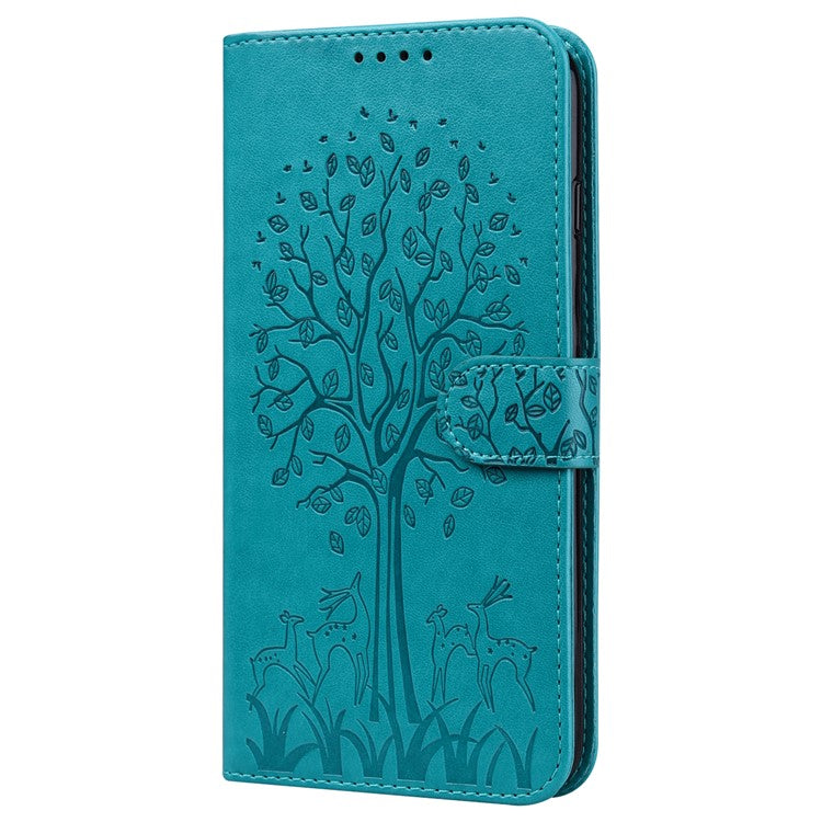 For Google Pixel 7 Pro 5G Well-protected Phone Case Imprinted Deer Tree Pattern Wallet PU Leather Magnetic Closure Anti-fall Stand Cover - Blue