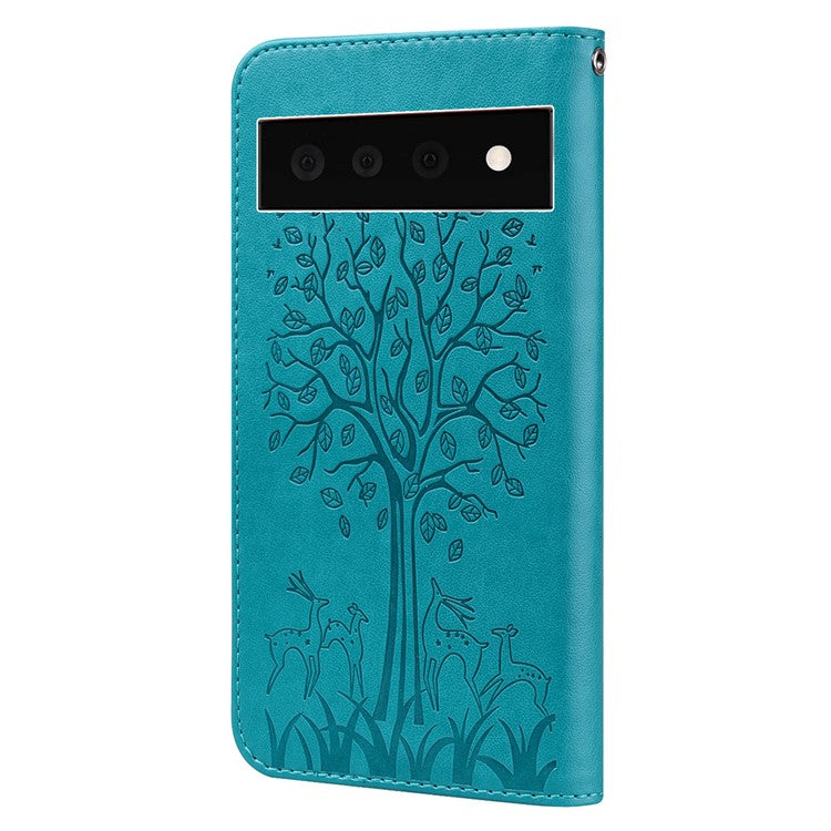 For Google Pixel 7 Pro 5G Well-protected Phone Case Imprinted Deer Tree Pattern Wallet PU Leather Magnetic Closure Anti-fall Stand Cover - Blue