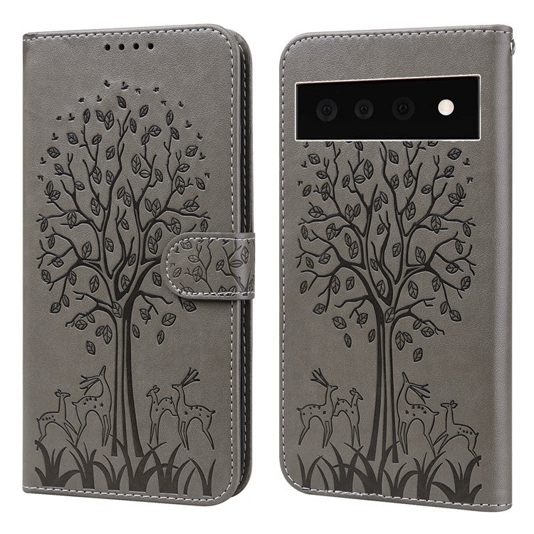 For Google Pixel 7 Pro 5G Well-protected Phone Case Imprinted Deer Tree Pattern Wallet PU Leather Magnetic Closure Anti-fall Stand Cover - Grey