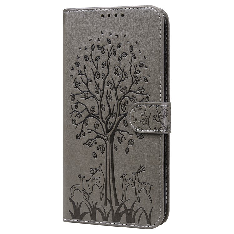 For Google Pixel 7 Pro 5G Well-protected Phone Case Imprinted Deer Tree Pattern Wallet PU Leather Magnetic Closure Anti-fall Stand Cover - Grey