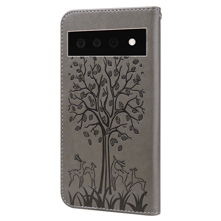 For Google Pixel 7 Pro 5G Well-protected Phone Case Imprinted Deer Tree Pattern Wallet PU Leather Magnetic Closure Anti-fall Stand Cover - Grey