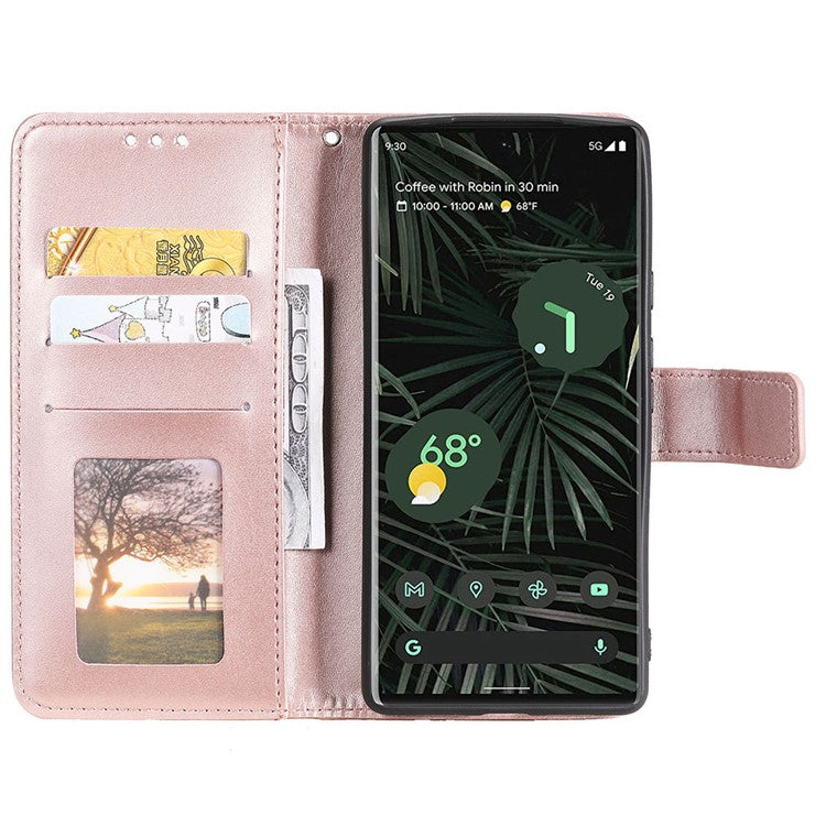 For Google Pixel 7 PU Leather + Inner TPU Well-protected Cover Imprinted Mandala Flower Wallet Adjustable Stand Case with Strap - Rose Gold