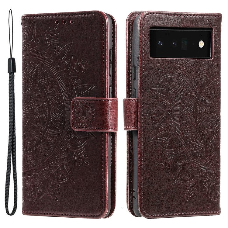 For Google Pixel 7 Pro 5G PU Leather + Inner TPU Drop-proof Cover Imprinted Mandala Flower Wallet Foldable Stand Case with Strap - Brown