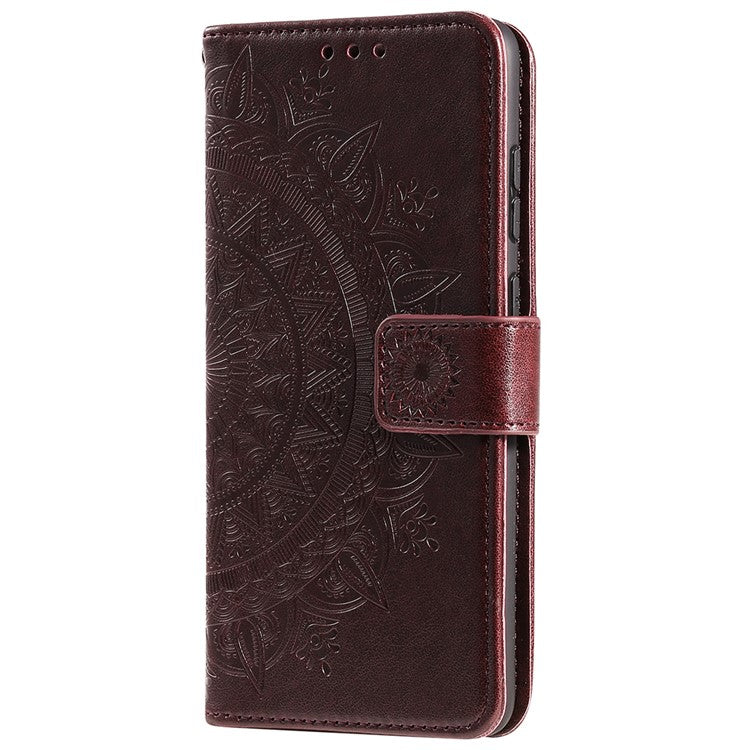 For Google Pixel 7 Pro 5G PU Leather + Inner TPU Drop-proof Cover Imprinted Mandala Flower Wallet Foldable Stand Case with Strap - Brown