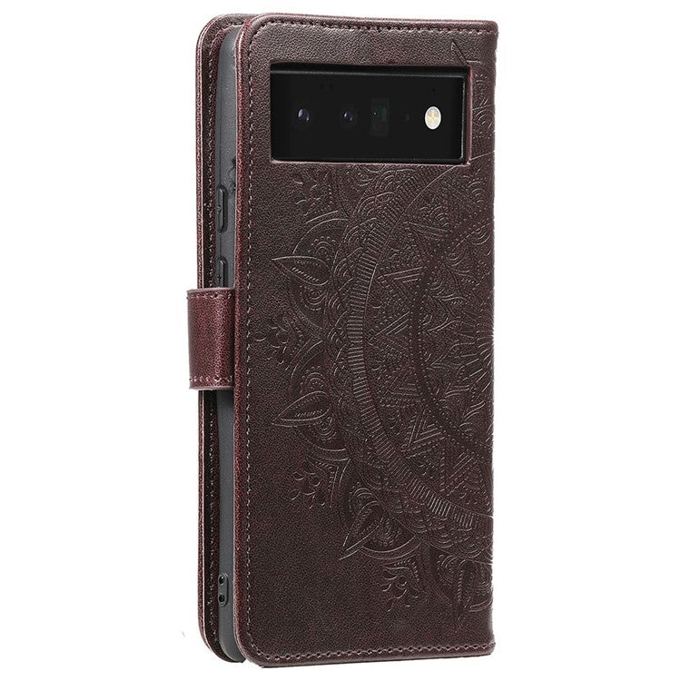 For Google Pixel 7 Pro 5G PU Leather + Inner TPU Drop-proof Cover Imprinted Mandala Flower Wallet Foldable Stand Case with Strap - Brown