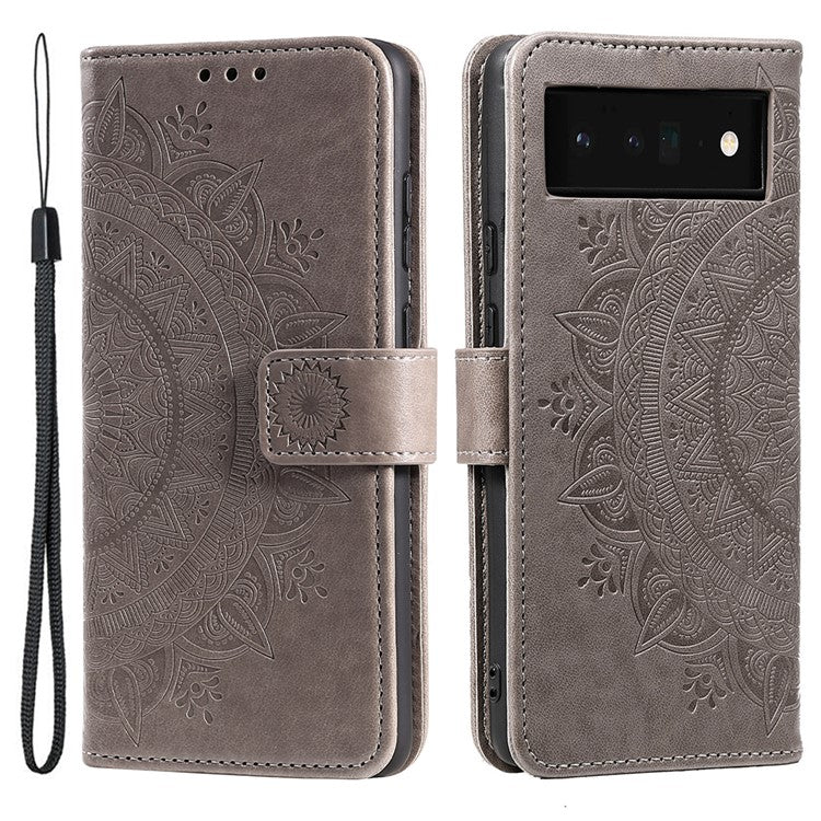 For Google Pixel 7 Pro 5G PU Leather + Inner TPU Drop-proof Cover Imprinted Mandala Flower Wallet Foldable Stand Case with Strap - Grey