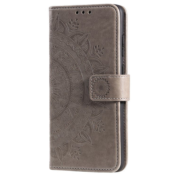 For Google Pixel 7 Pro 5G PU Leather + Inner TPU Drop-proof Cover Imprinted Mandala Flower Wallet Foldable Stand Case with Strap - Grey