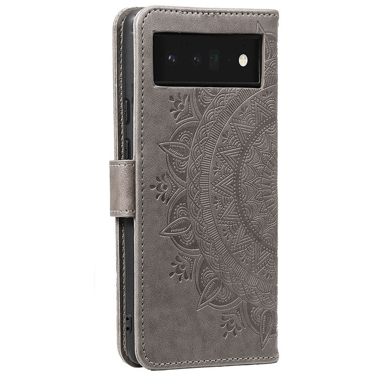 For Google Pixel 7 Pro 5G PU Leather + Inner TPU Drop-proof Cover Imprinted Mandala Flower Wallet Foldable Stand Case with Strap - Grey