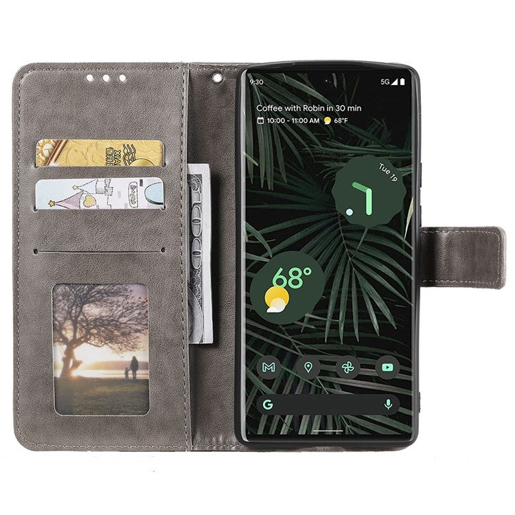 For Google Pixel 7 Pro 5G PU Leather + Inner TPU Drop-proof Cover Imprinted Mandala Flower Wallet Foldable Stand Case with Strap - Grey