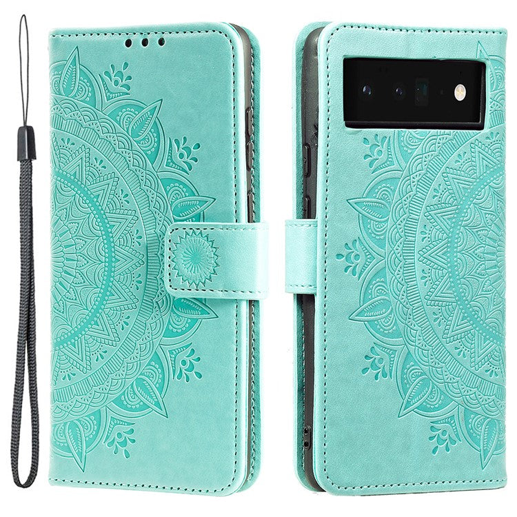 For Google Pixel 7 Pro 5G PU Leather + Inner TPU Drop-proof Cover Imprinted Mandala Flower Wallet Foldable Stand Case with Strap - Green