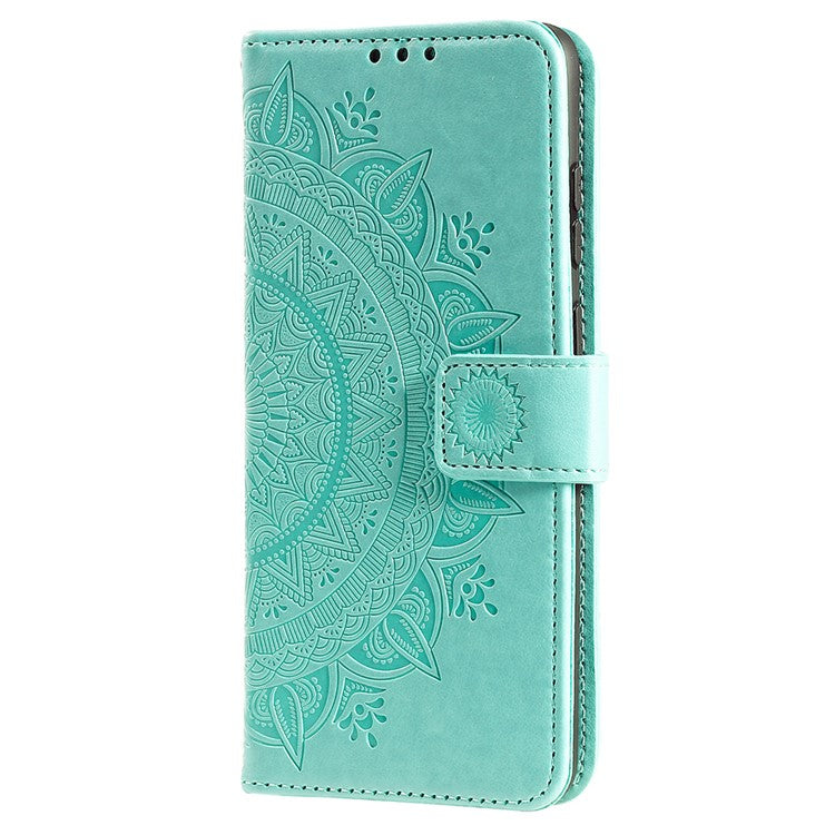 For Google Pixel 7 Pro 5G PU Leather + Inner TPU Drop-proof Cover Imprinted Mandala Flower Wallet Foldable Stand Case with Strap - Green