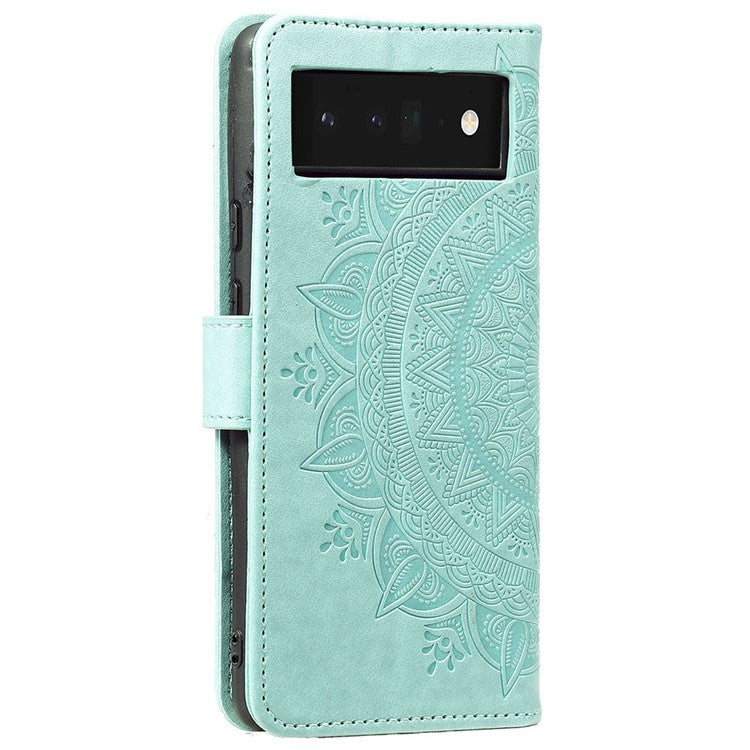 For Google Pixel 7 Pro 5G PU Leather + Inner TPU Drop-proof Cover Imprinted Mandala Flower Wallet Foldable Stand Case with Strap - Green