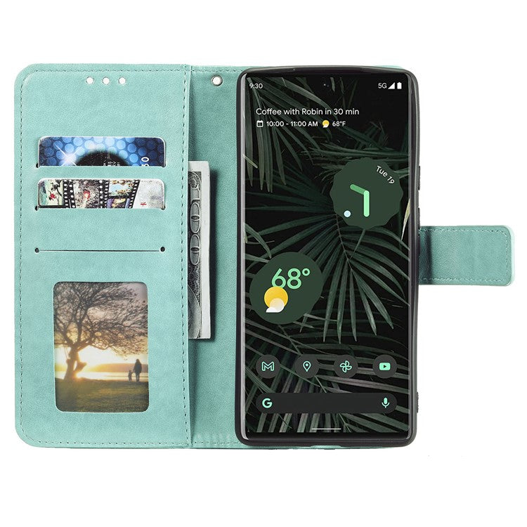 For Google Pixel 7 Pro 5G PU Leather + Inner TPU Drop-proof Cover Imprinted Mandala Flower Wallet Foldable Stand Case with Strap - Green