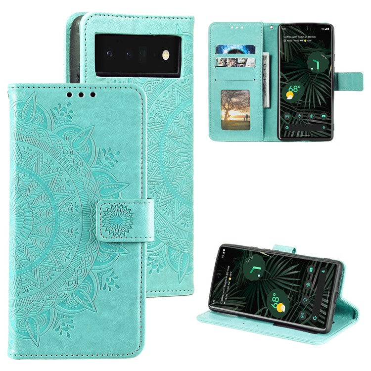 For Google Pixel 7 Pro 5G PU Leather + Inner TPU Drop-proof Cover Imprinted Mandala Flower Wallet Foldable Stand Case with Strap - Green