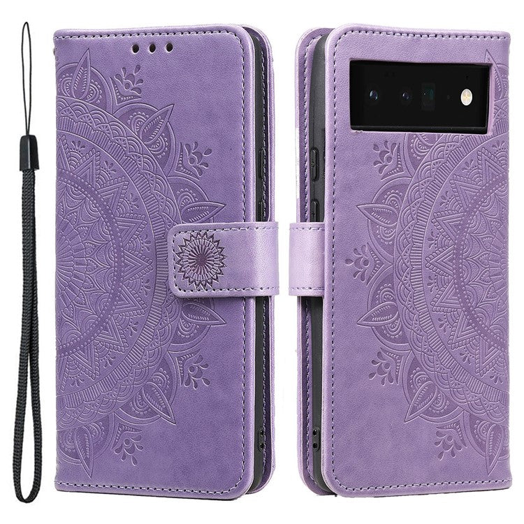 For Google Pixel 7 Pro 5G PU Leather + Inner TPU Drop-proof Cover Imprinted Mandala Flower Wallet Foldable Stand Case with Strap - Purple