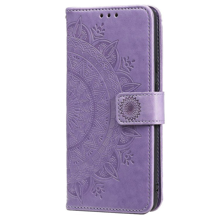 For Google Pixel 7 Pro 5G PU Leather + Inner TPU Drop-proof Cover Imprinted Mandala Flower Wallet Foldable Stand Case with Strap - Purple