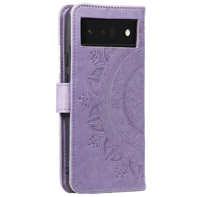 For Google Pixel 7 Pro 5G PU Leather + Inner TPU Drop-proof Cover Imprinted Mandala Flower Wallet Foldable Stand Case with Strap - Purple