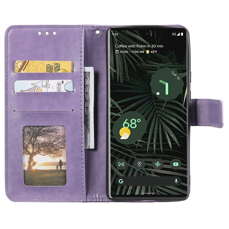 For Google Pixel 7 Pro 5G PU Leather + Inner TPU Drop-proof Cover Imprinted Mandala Flower Wallet Foldable Stand Case with Strap - Purple