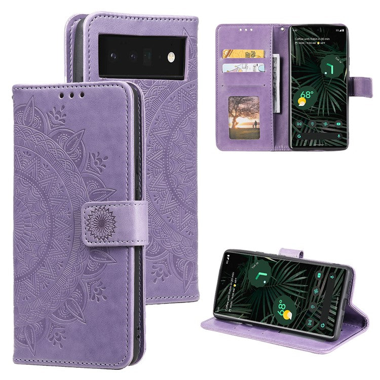 For Google Pixel 7 Pro 5G PU Leather + Inner TPU Drop-proof Cover Imprinted Mandala Flower Wallet Foldable Stand Case with Strap - Purple