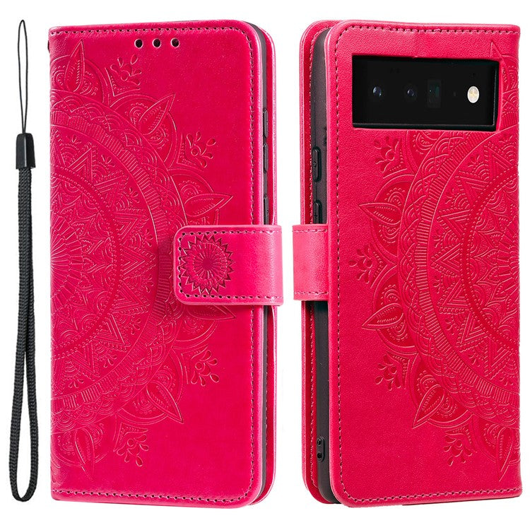 For Google Pixel 7 Pro 5G PU Leather + Inner TPU Drop-proof Cover Imprinted Mandala Flower Wallet Foldable Stand Case with Strap - Red