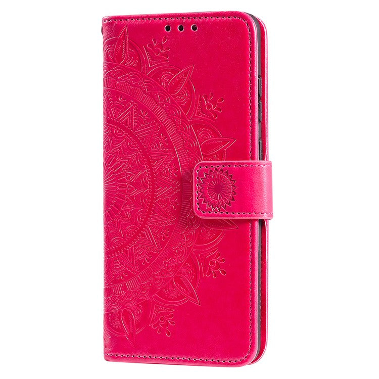 For Google Pixel 7 Pro 5G PU Leather + Inner TPU Drop-proof Cover Imprinted Mandala Flower Wallet Foldable Stand Case with Strap - Red