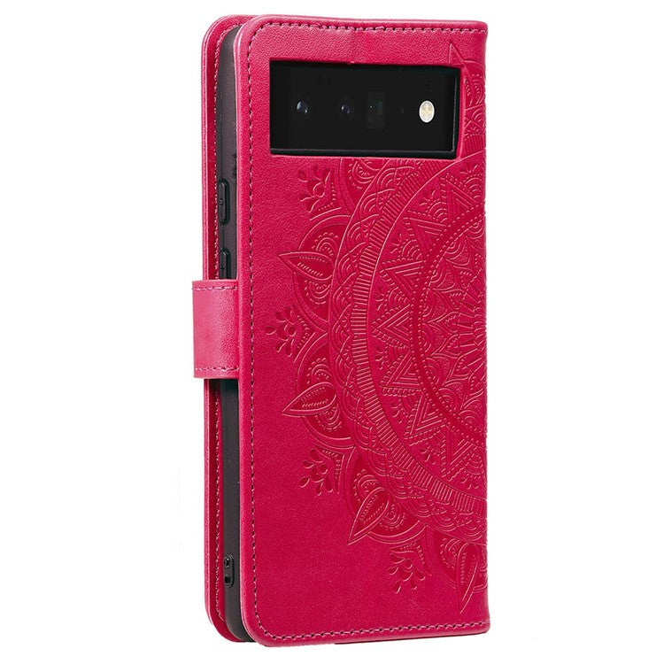 For Google Pixel 7 Pro 5G PU Leather + Inner TPU Drop-proof Cover Imprinted Mandala Flower Wallet Foldable Stand Case with Strap - Red