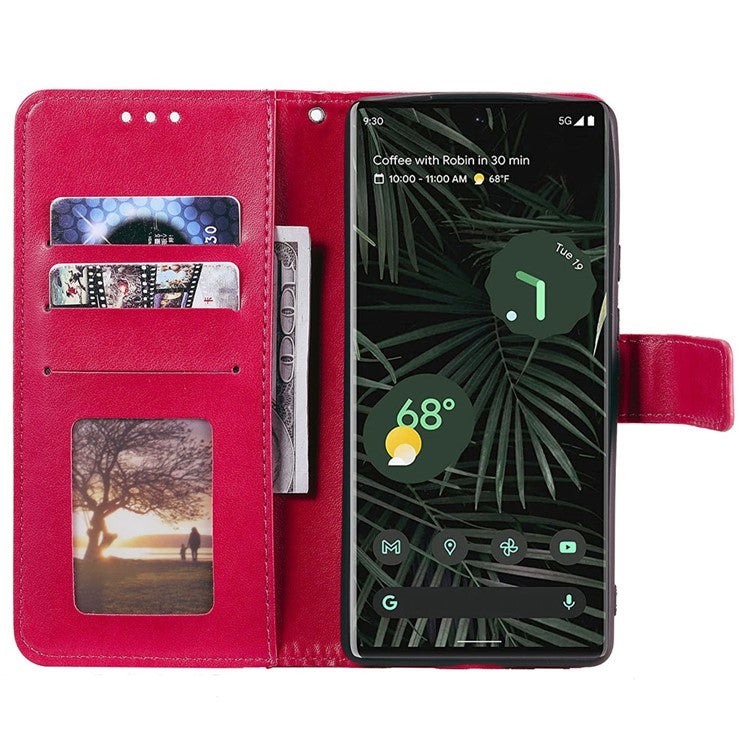 For Google Pixel 7 Pro 5G PU Leather + Inner TPU Drop-proof Cover Imprinted Mandala Flower Wallet Foldable Stand Case with Strap - Red