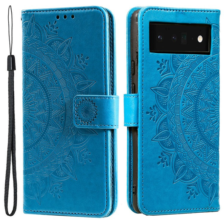 For Google Pixel 7 Pro 5G PU Leather + Inner TPU Drop-proof Cover Imprinted Mandala Flower Wallet Foldable Stand Case with Strap - Blue