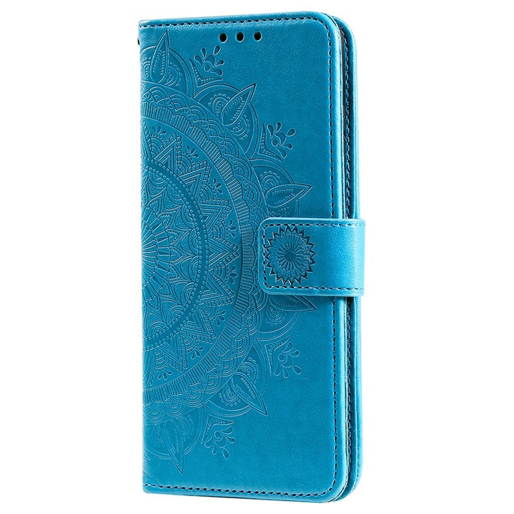 For Google Pixel 7 Pro 5G PU Leather + Inner TPU Drop-proof Cover Imprinted Mandala Flower Wallet Foldable Stand Case with Strap - Blue