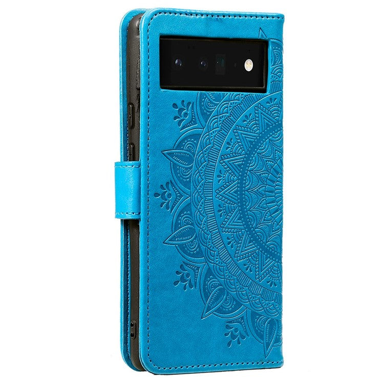 For Google Pixel 7 Pro 5G PU Leather + Inner TPU Drop-proof Cover Imprinted Mandala Flower Wallet Foldable Stand Case with Strap - Blue