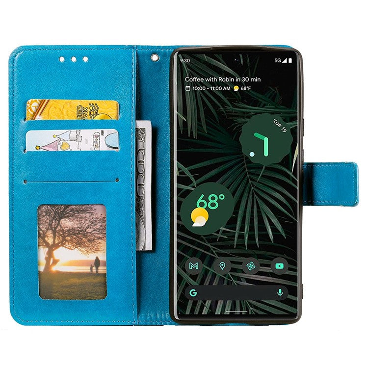 For Google Pixel 7 Pro 5G PU Leather + Inner TPU Drop-proof Cover Imprinted Mandala Flower Wallet Foldable Stand Case with Strap - Blue