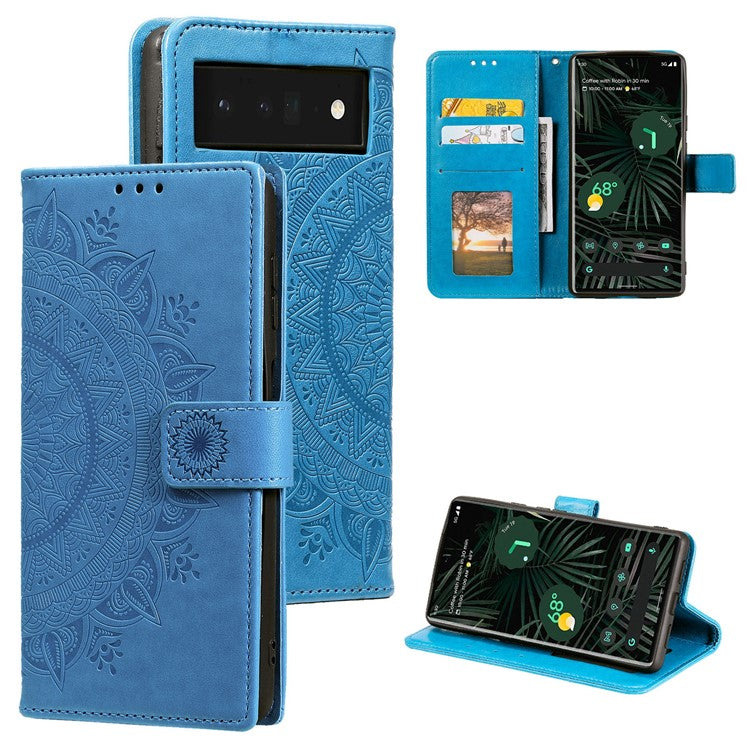 For Google Pixel 7 Pro 5G PU Leather + Inner TPU Drop-proof Cover Imprinted Mandala Flower Wallet Foldable Stand Case with Strap - Blue