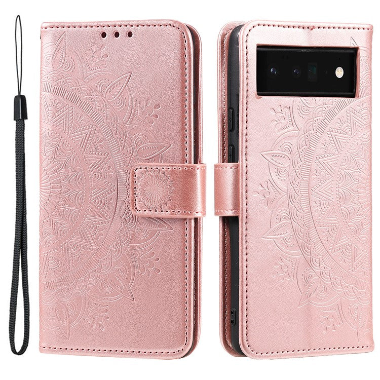 For Google Pixel 7 Pro 5G PU Leather + Inner TPU Drop-proof Cover Imprinted Mandala Flower Wallet Foldable Stand Case with Strap - Rose Gold